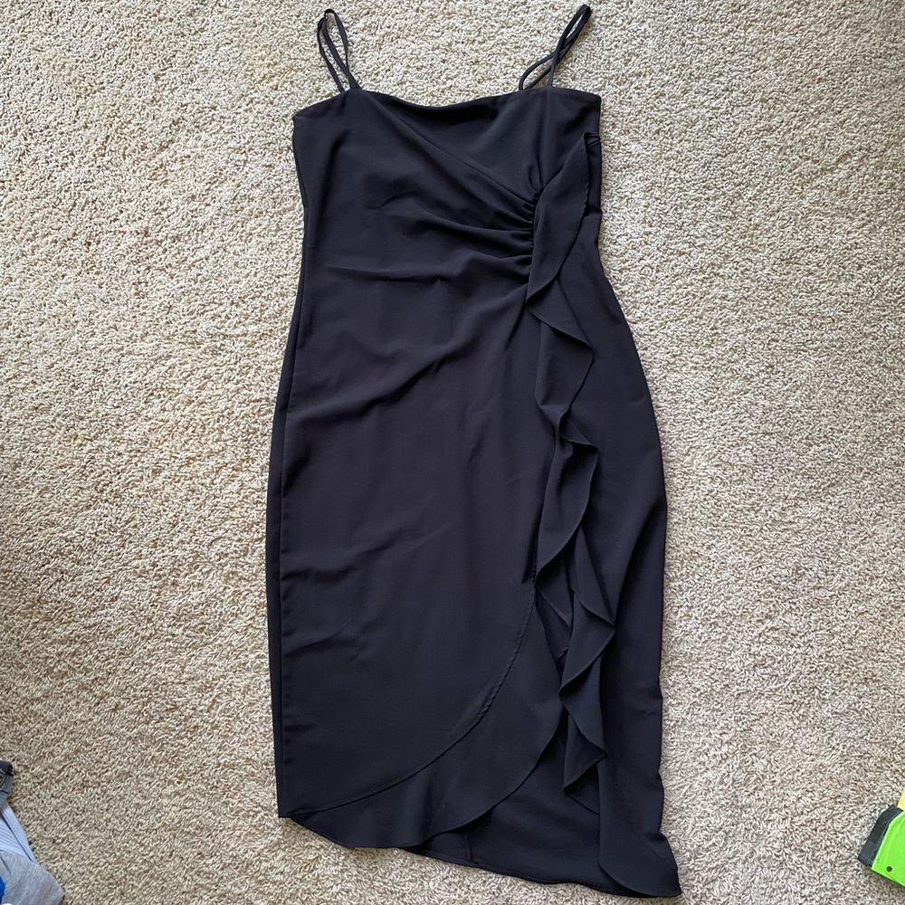 luna chix Black Dress Mid Length Ruffle Slit Small
